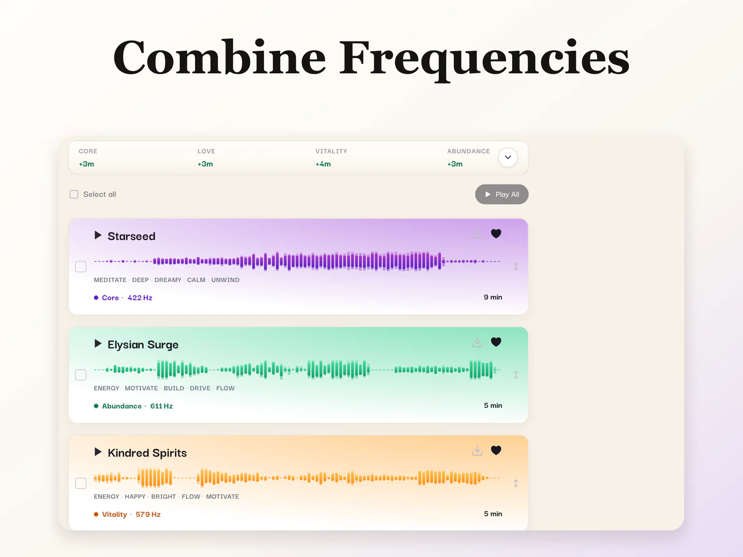 ZodiacFM playlist with large waveform cards from multiple frequencies