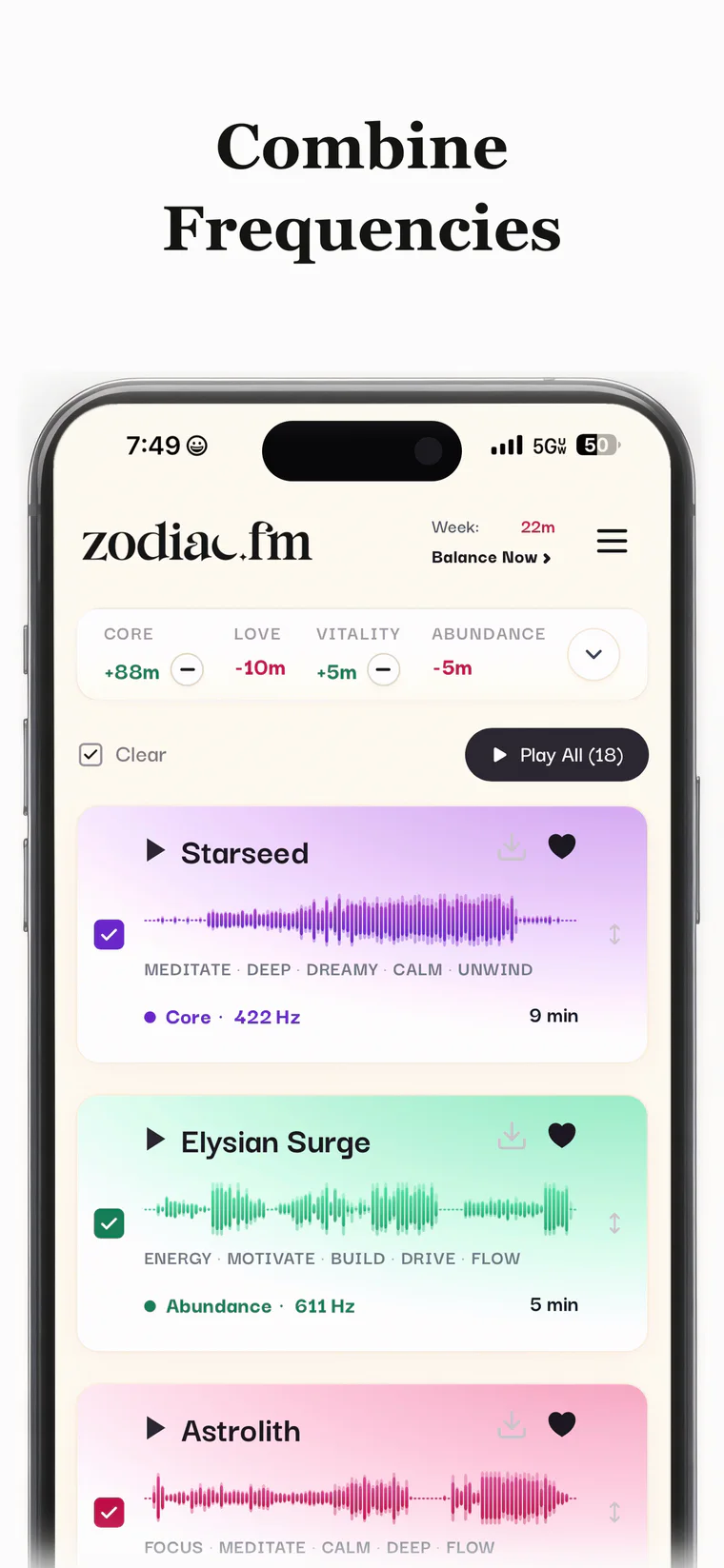 ZodiacFM iPhone playlist combining music tuned to multiple frequencies