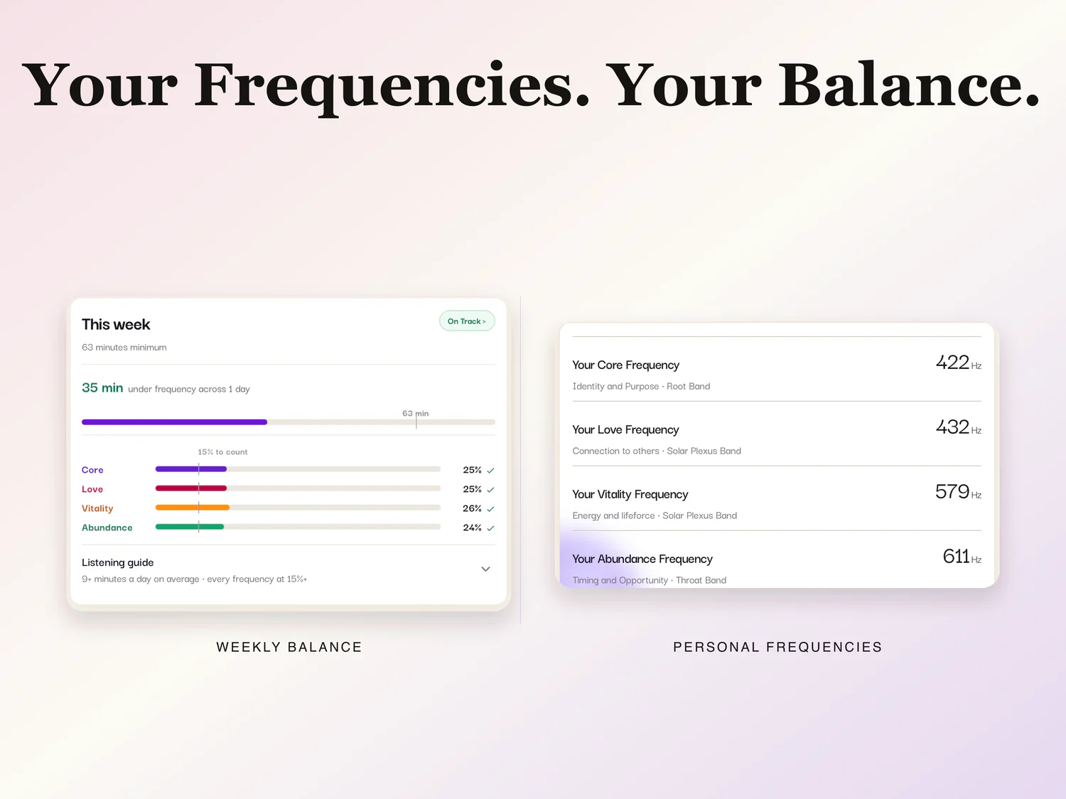 ZodiacFM showing four personalized frequencies and weekly balance together