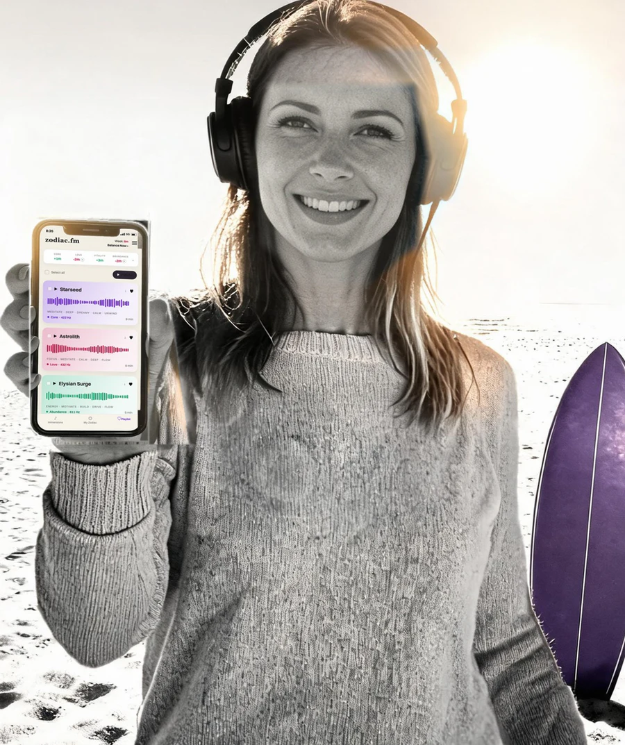 A listener wearing headphones and holding an iPhone showing the ZodiacFM playlist